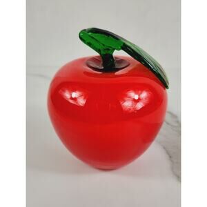 Art Glass Hand Blow Red Apple w/ Green Leaf Fruit Vegetable 4" Life Size 90s Vtg